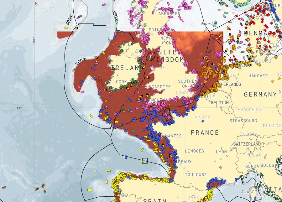 Map of the South West Europe ocean model coverage area