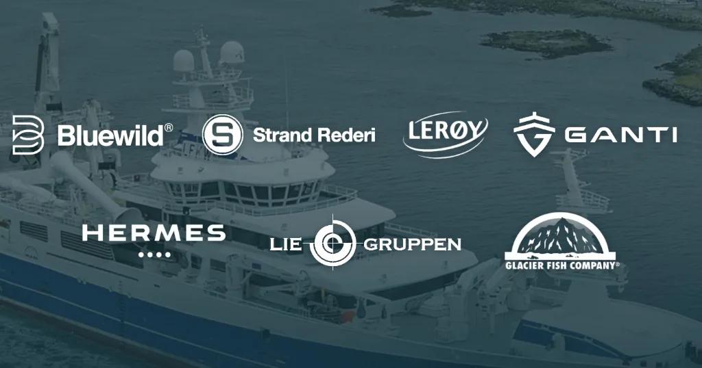 Partner logos from Liegruppen, Strand, Lerøy, Bluewild, Hermes and others over a fishing vessel at sea
