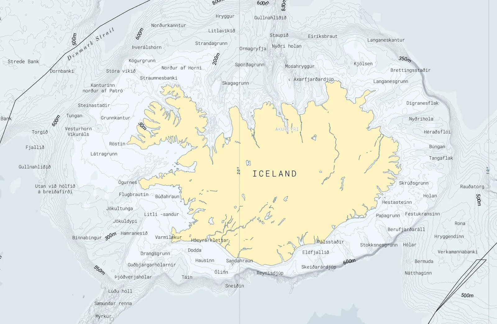Catchwise map of Iceland with the local names of the fishing grounds