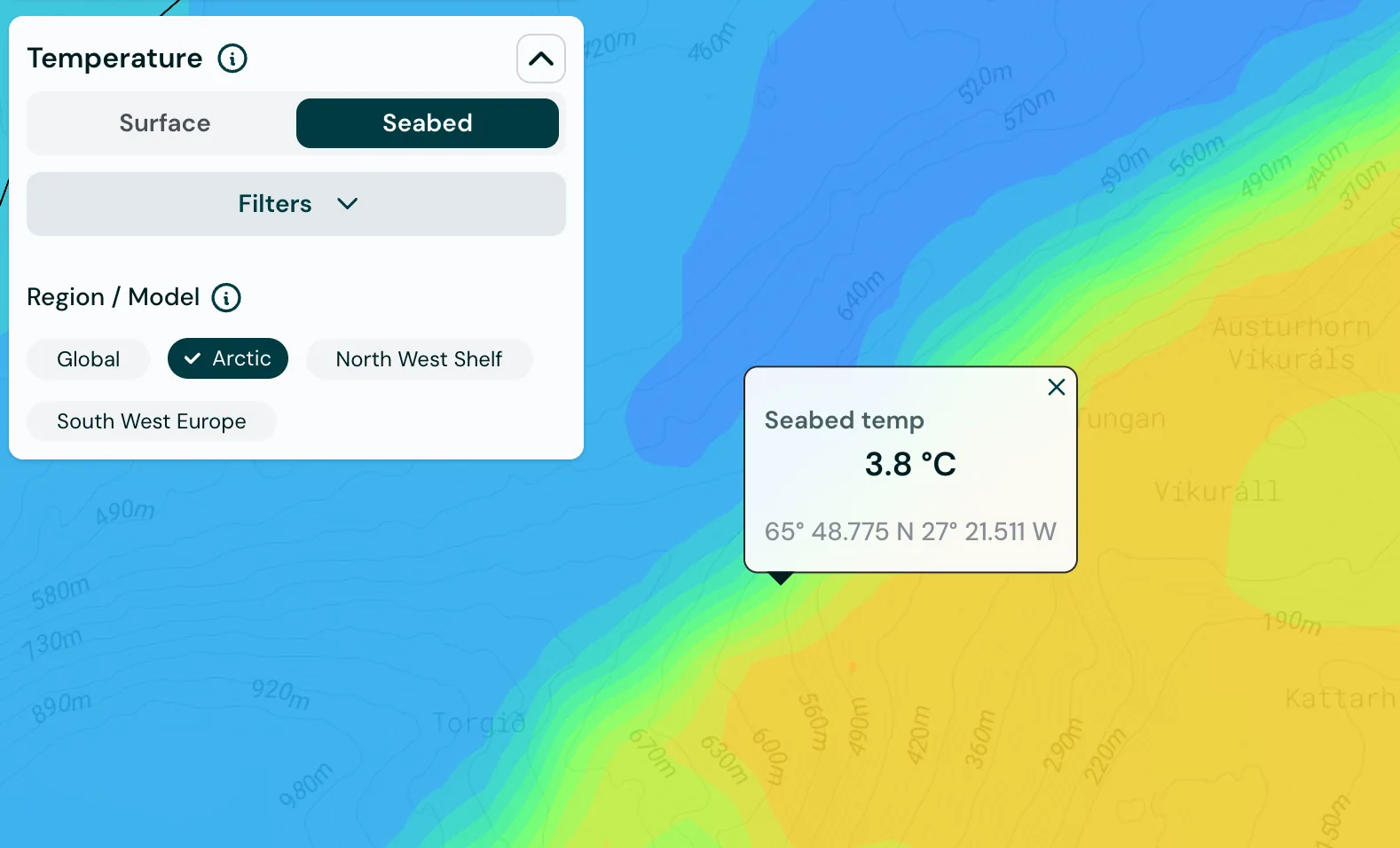 Seabed temperature layer in Catchwise with the Arctic model, where cold and warmer water meet