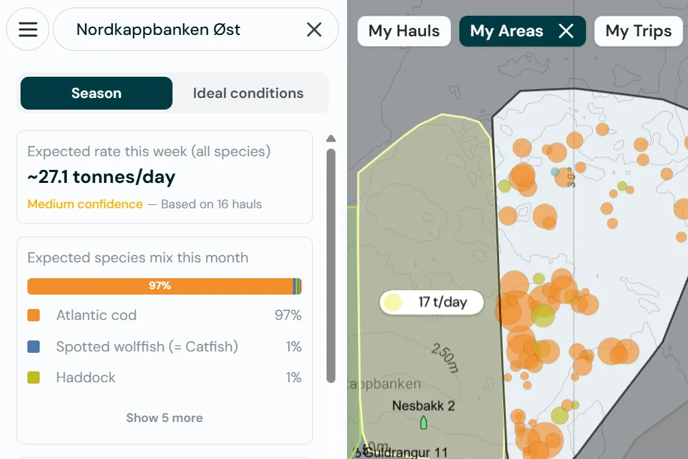 The My Areas view in Catchwise, showing catch history and expected performance for a saved fishing ground