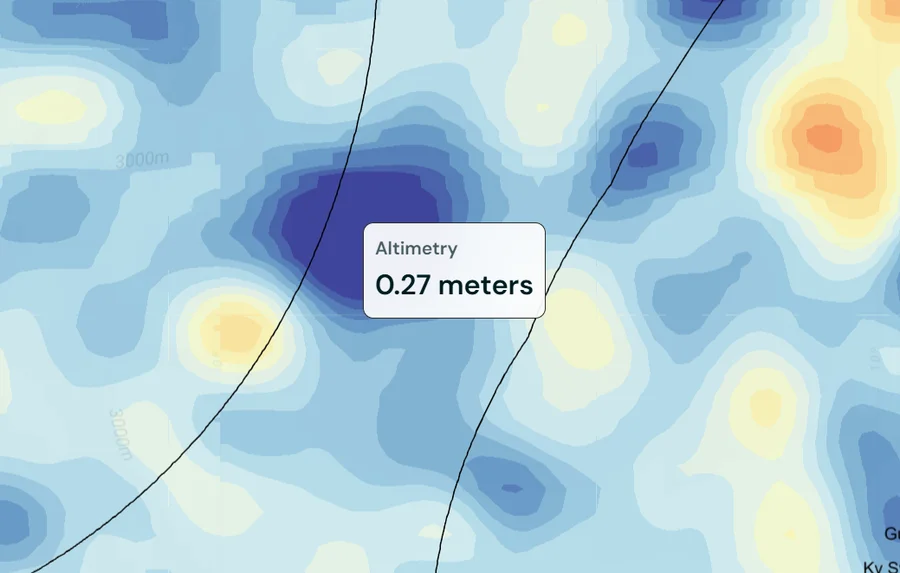 The altimetry layer in Catchwise, revealing eddies and current boundaries