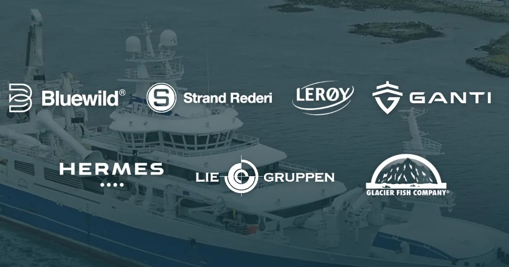 Partner logos from Liegruppen, Strand, Lerøy, Bluewild, Hermes and others over a fishing vessel at sea