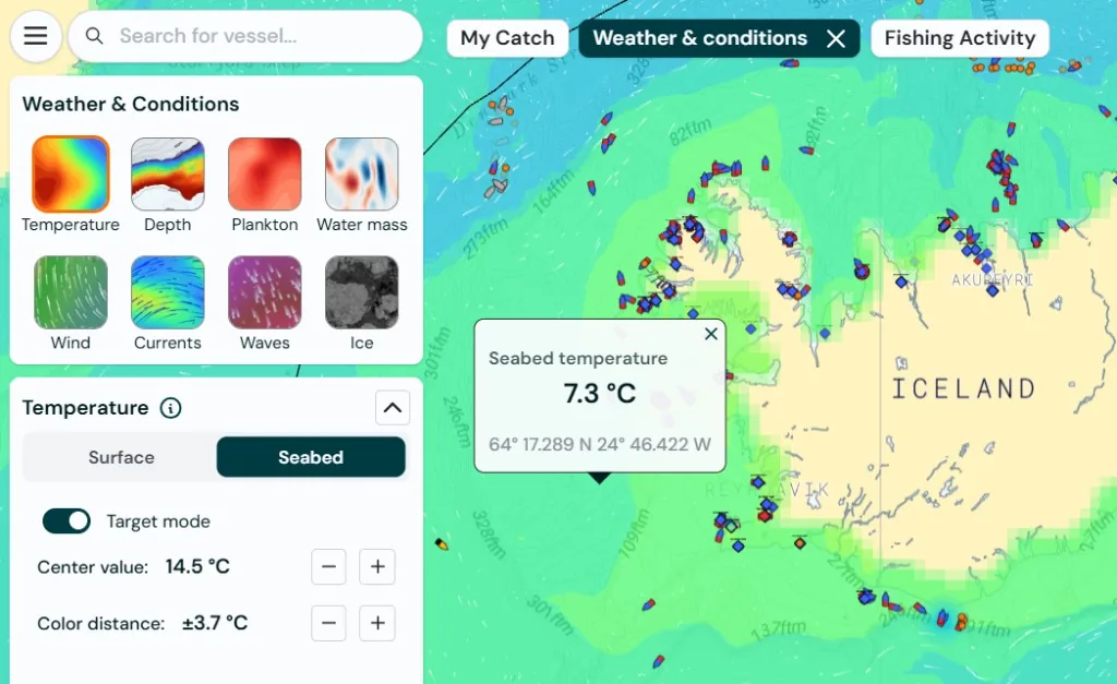 Catchwise bottom temperature layer with seabed temperature on the map