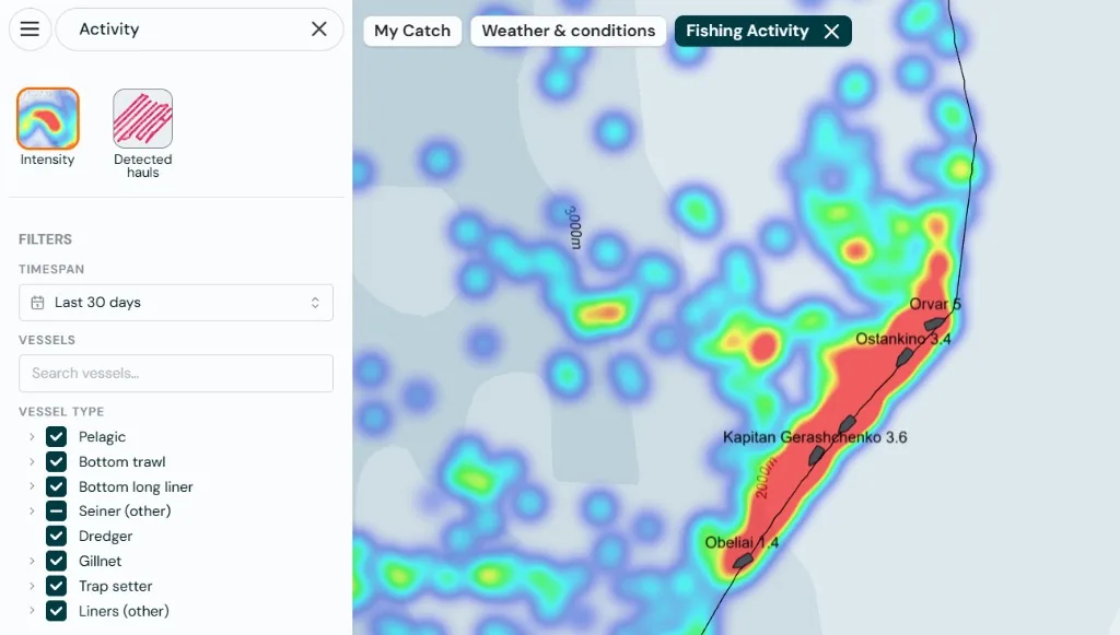 Catchwise fishing activity heatmap showing active fishing grounds on the map