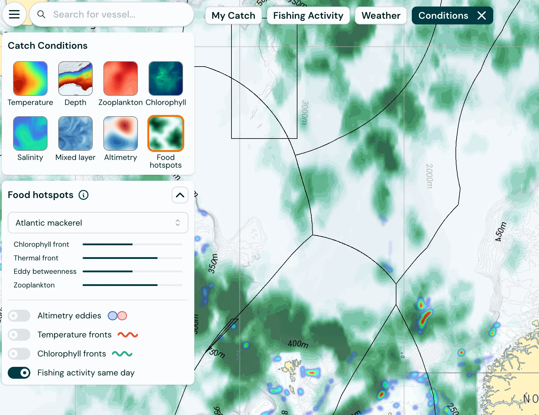 Map showing Food hotspots, chlorophyll fronts, eddies and the Atlantic mackerel preset.